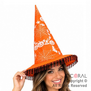 SOMBRERO BRUJA HALLOWEEN NARANJA CON FLECOS